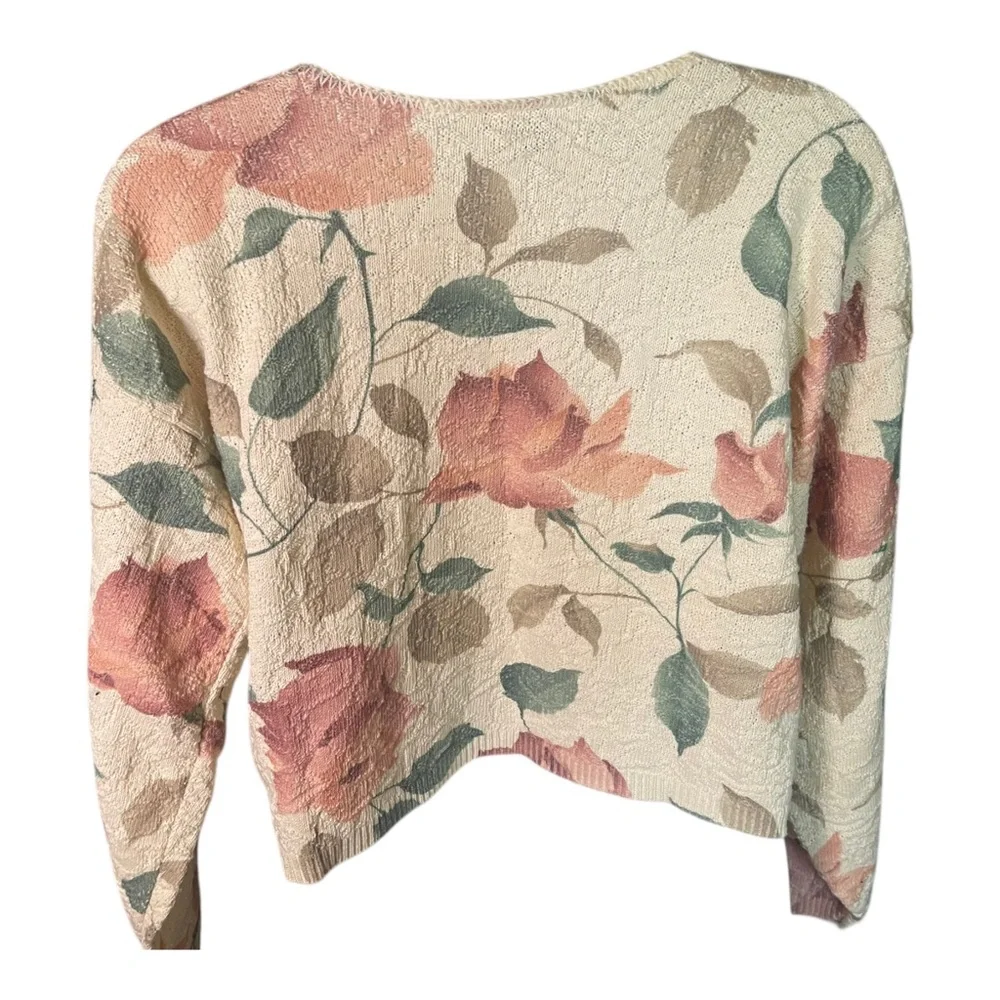 Vintage 90s Knit Sweater Pink Floral Green Leaf Design Boxy Fit see measurements